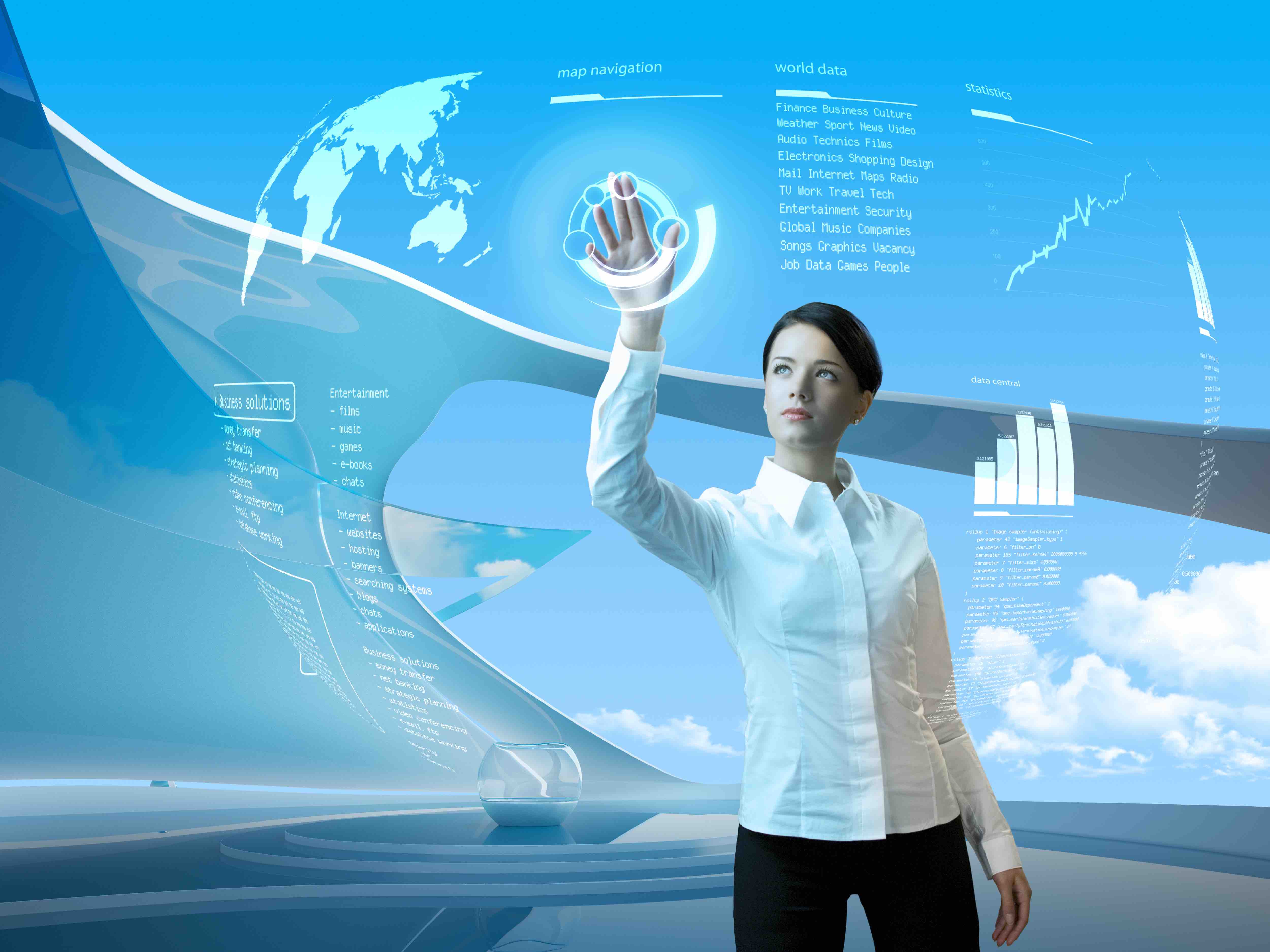 Attractive brunette with interface in futuristic interior (outstanding business people in interiors / interfaces series)