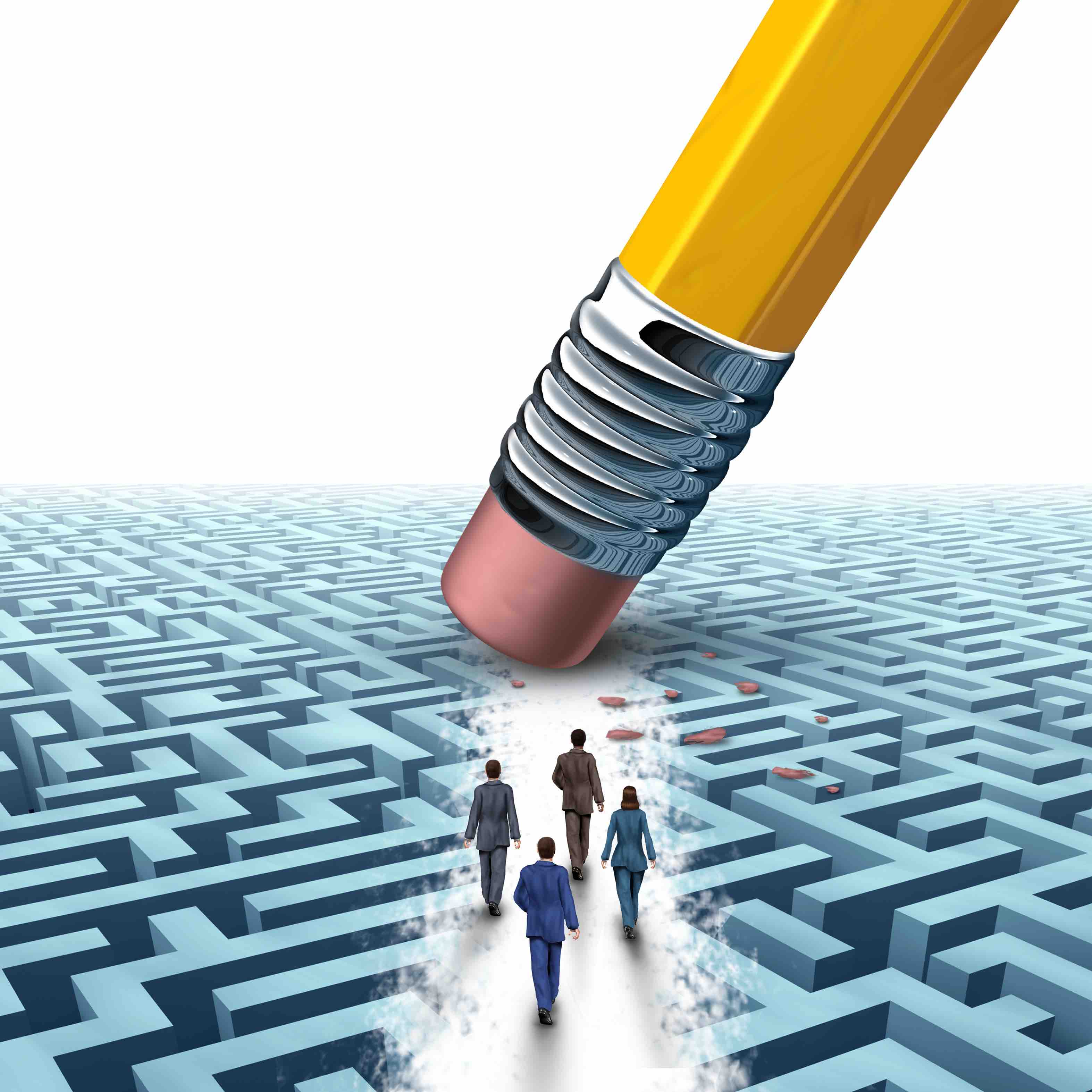 Team business management as several businesspeople walking in a clear path on a maze or labyrinth as an eraser from a pencil creating a clear path to a successful company solution as a motivation metaphor.